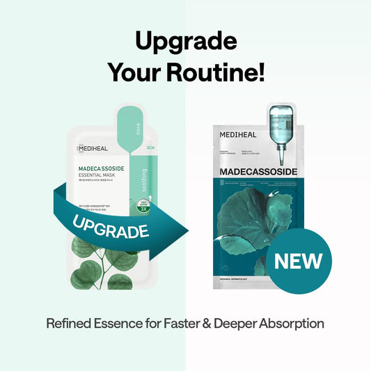 Madecassoside Essential Sheet Mask Blemish Repair 10 Pcs. 98% Purity Madecassoside & Hyaluronic Acid Included. Enhancing Moisture Barrier & Skin Texture Care. Vegan Formula Sheet Mask