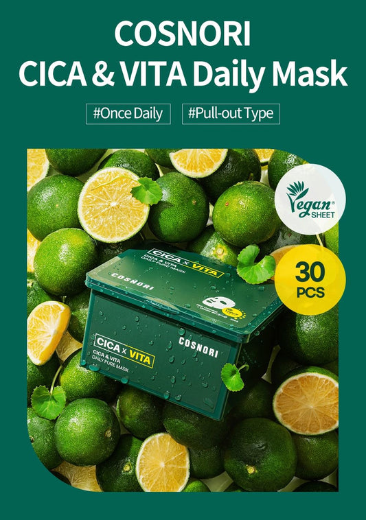 Cica X Vita Daily Pure Mask, 30 Sheets (11.8 Fl Oz / 350 Ml) — Vegan, Hypoallergenic, Weakly Acid, Moisturizing n Skin Care