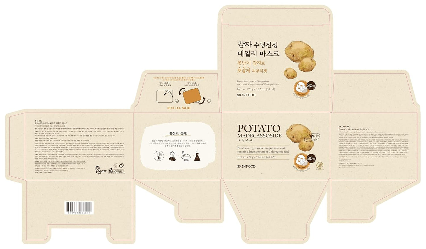 Potato Madecassoside Daily Sheet Mask, Korean 5-Minute Quick Skincare Hack, Soothing & Skin Barrier Face Mask for Damaged Skin, Bulk Pack (30EA)