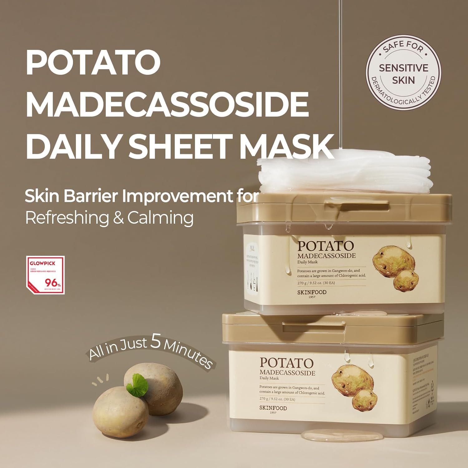 Potato Madecassoside Daily Sheet Mask, Korean 5-Minute Quick Skincare Hack, Soothing & Skin Barrier Face Mask for Damaged Skin, Bulk Pack (30EA)