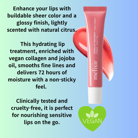 Melixir Vegan Lip Treatment – Sheer Tinted Balm with Vegan Collagen & Jojoba Oil, 0.5 oz, Pomelo