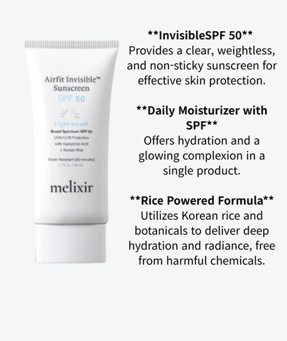 Airfit Invisible™ Sunscreen SPF 50, Broad Spectrum Korean Rice Sunscreen for Face, Hyaluronic Acid, Moisturizing Daily Protection for Sensitive Skin, No White Cast, Waterproof (1.7Fl.Oz./50Ml)
