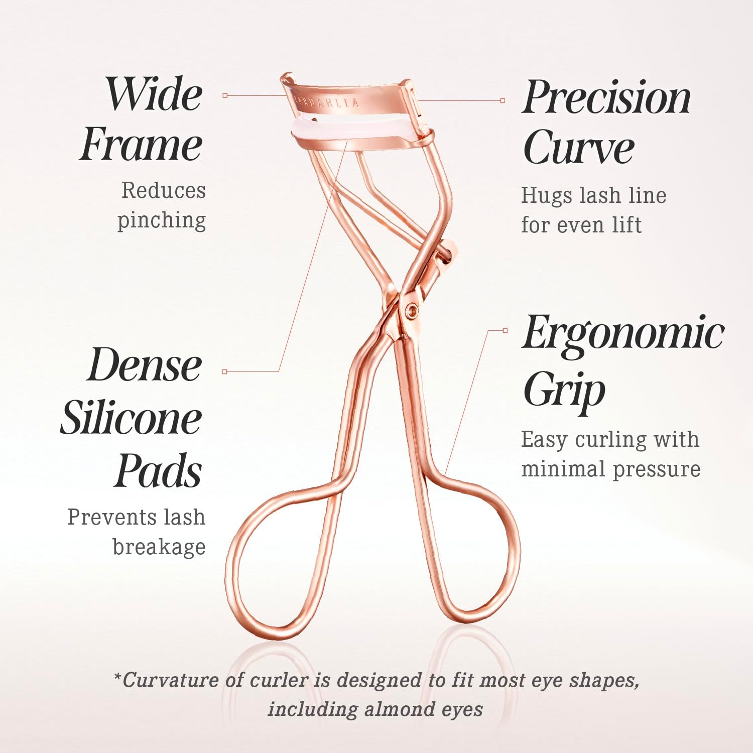 Dream Eyelash Curler - Premium Volume-Up Curl, Wide Opening, Pinch-Free Design. Painless with Comfort Grip & 2 Silicone Refill Pads Included. Made in Korea