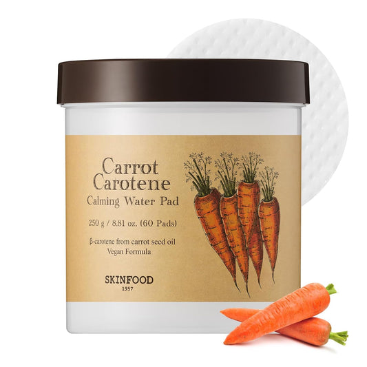 SKINFOOD Carrot Carotene Calming Water Toner Pads, Korean Skin Care Toner Pad for Face, Deep Hydrating, Soothing, after Sun Skincare for Sensitive Skin, Redness Relief, 100% Cotton, 8.81 Oz (60 Pads)